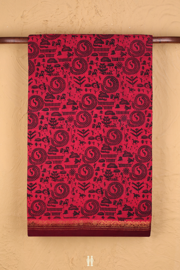 Sungudi Cotton Saree In Red With Printed Design