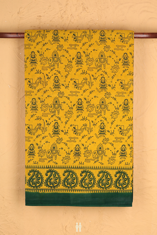 Sungudi Cotton Saree In Saffron Yellow With Printed Design