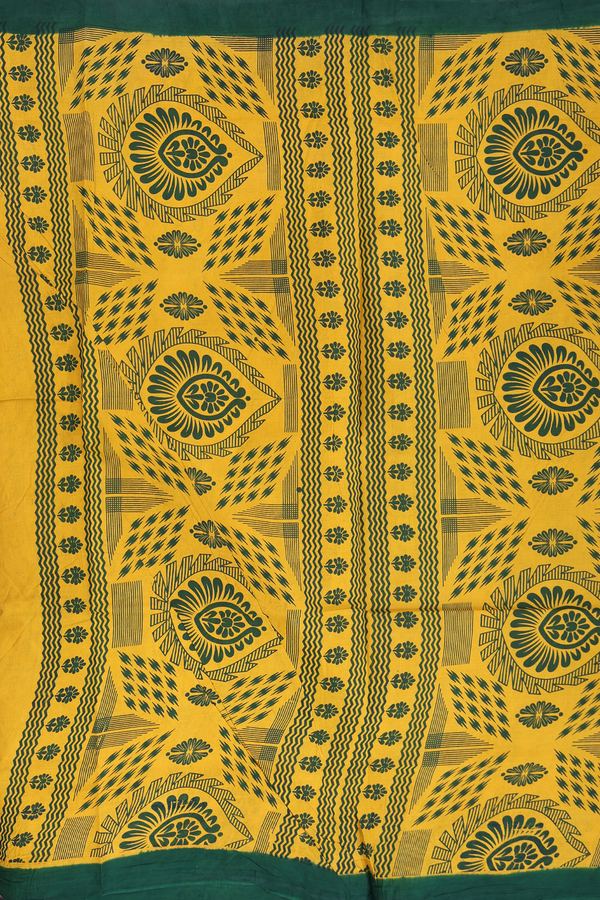 Sungudi Cotton Saree In Saffron Yellow With Printed Design