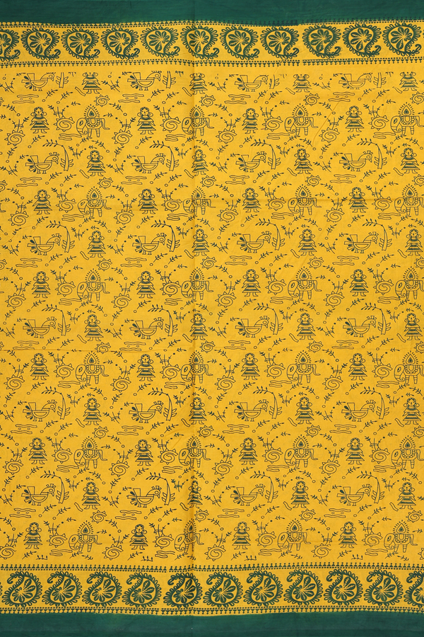 Sungudi Cotton Saree In Saffron Yellow With Printed Design