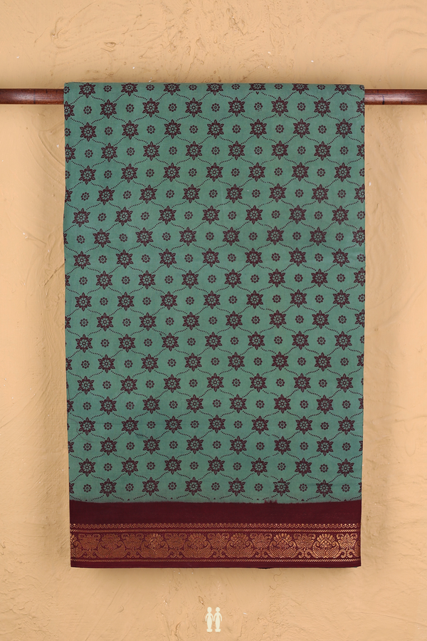 Sungudi Cotton Saree In Slate Green With Floral Design