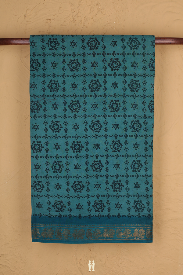 Sungudi Cotton Saree In Turkish Blue With Printed Design