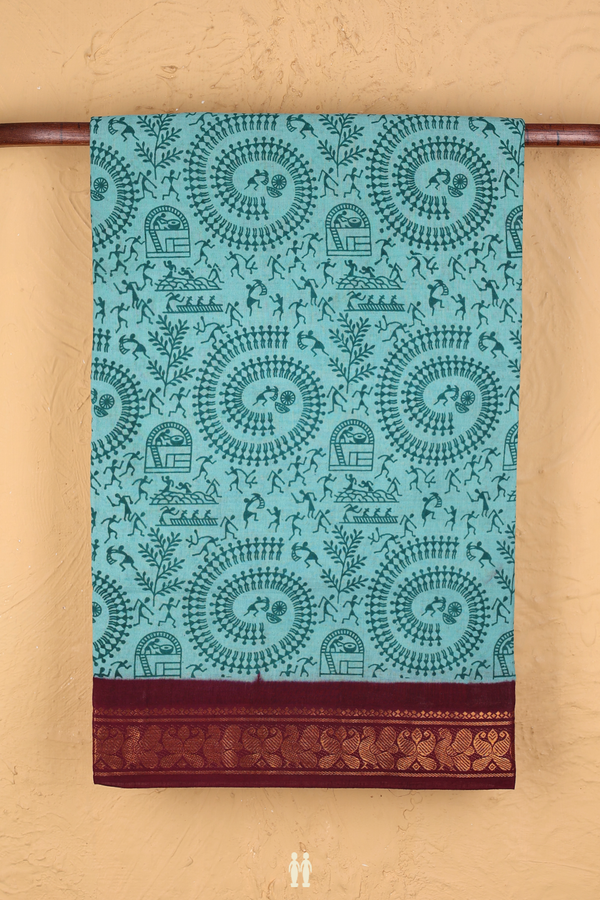 Sungudi Cotton Saree In Turkish Blue With Printed Design