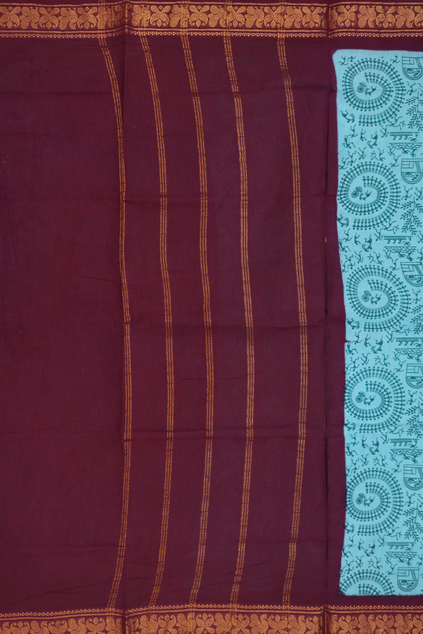 Sungudi Cotton Saree In Turkish Blue With Printed Design