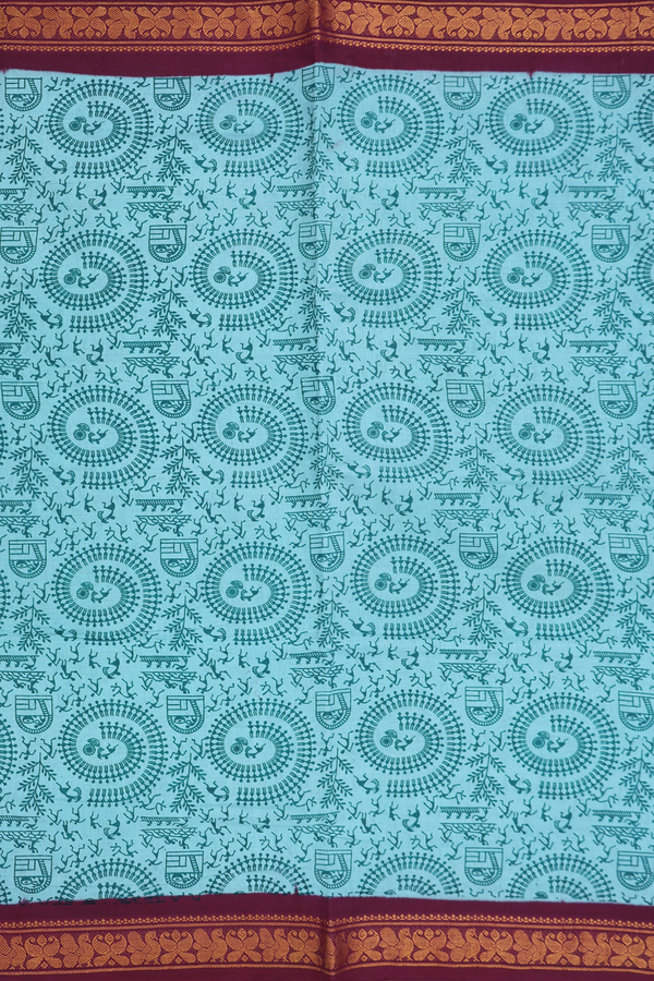 Sungudi Cotton Saree In Turkish Blue With Printed Design