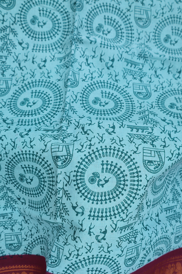 Sungudi Cotton Saree In Turkish Blue With Printed Design