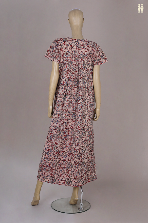 Sweet Heart Neck Printed Design With Zip Beige Cotton Nightie