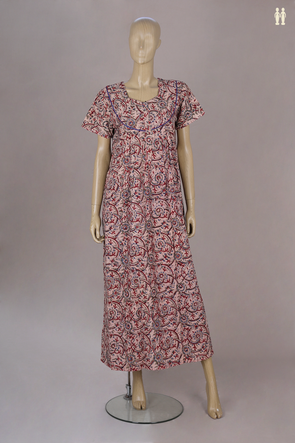 Sweet Heart Neck Printed Design With Zip Beige Cotton Nightie