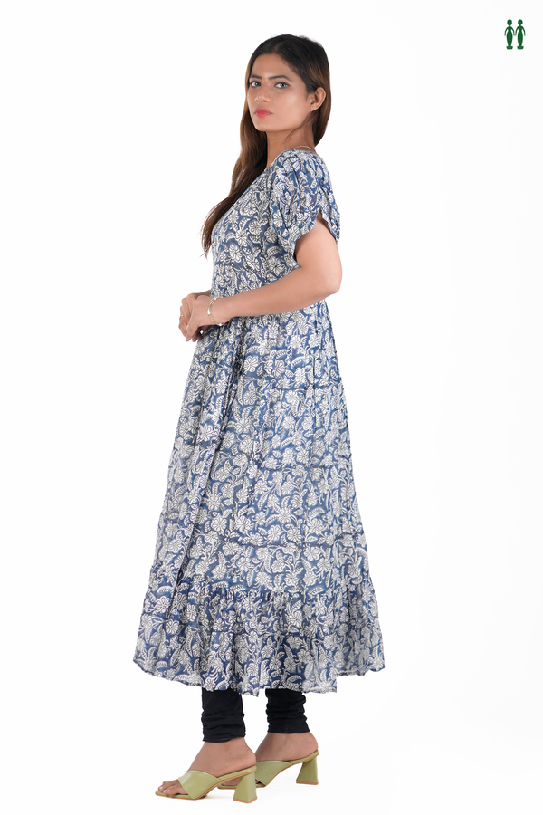 Sweet Heart Neck Floral Design Blue Cotton Long Kurta