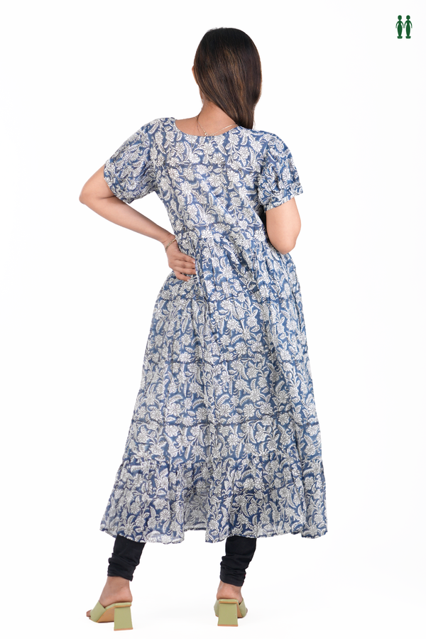 Sweet Heart Neck Floral Design Blue Cotton Long Kurta