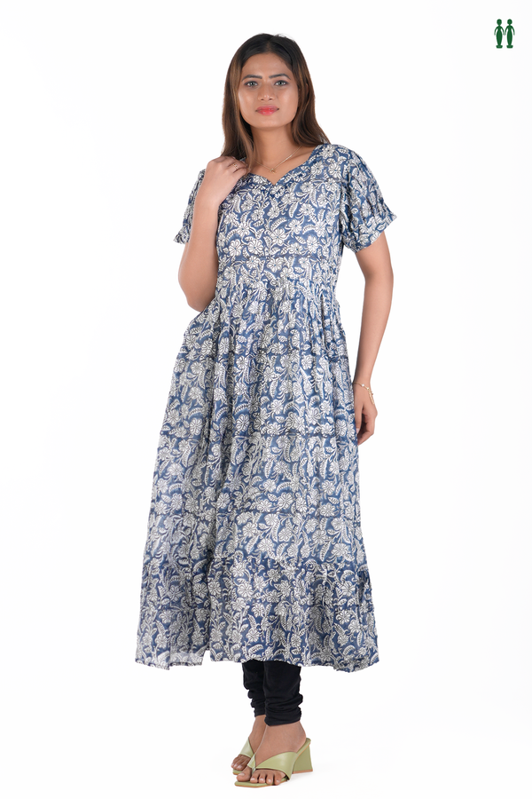 Sweet Heart Neck Floral Design Blue Cotton Long Kurta