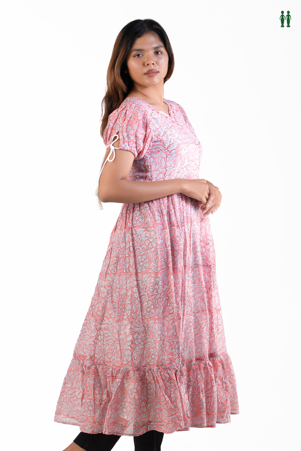 Sweet Heart Neck Floral Design Orange Cotton Long Kurta