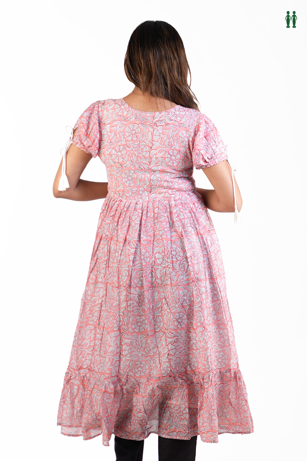 Sweet Heart Neck Floral Design Orange Cotton Long Kurta