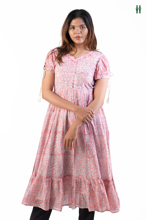 Sweet Heart Neck Floral Design Orange Cotton Long Kurta