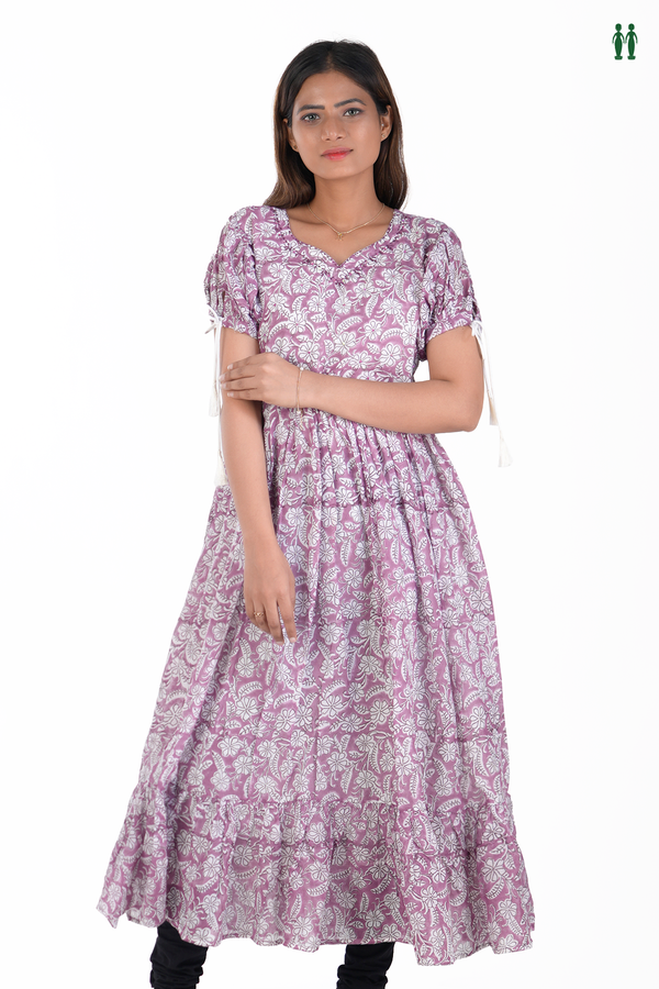 Sweet Heart Neck Floral Design Purple Cotton Long Kurta