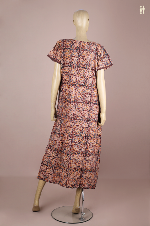 Sweet Heart Neck Paisley Design Brown Kalamkari Cotton Nightie