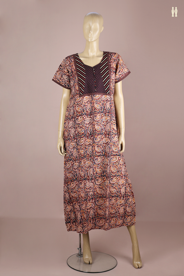 Sweet Heart Neck Paisley Design Brown Kalamkari Cotton Nightie