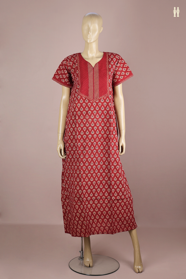 Sweet Heart Neck Printed Design Berry Red Cotton Nightie