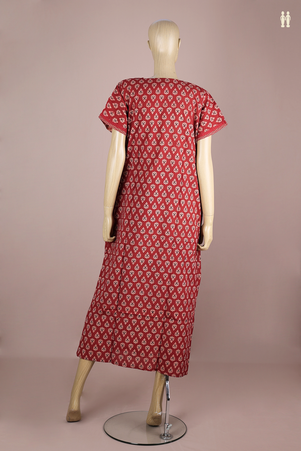 Sweet Heart Neck Printed Design Berry Red Cotton Nightie