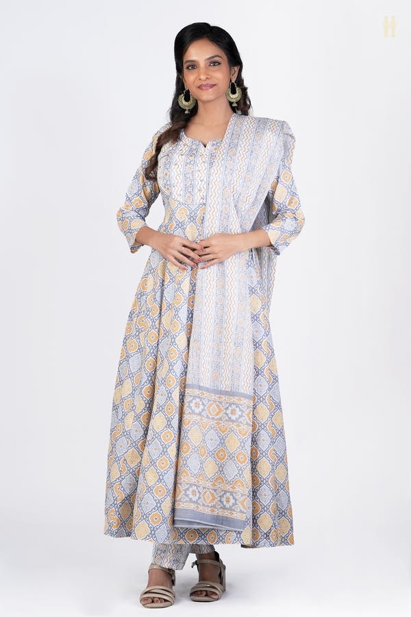 Sweet Heart Neck Printed Design Grey Cotton Salwar Set