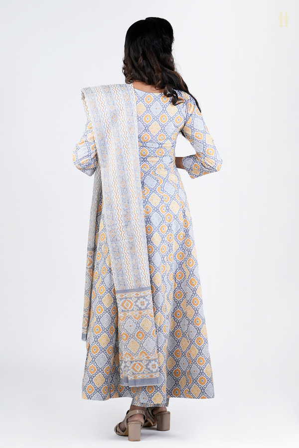 Sweet Heart Neck Printed Design Grey Cotton Salwar Set