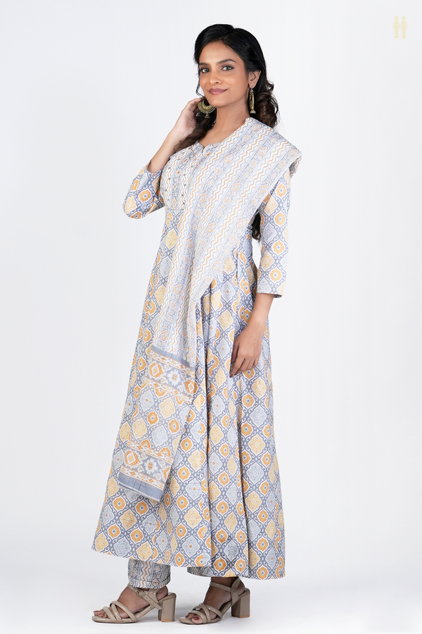 Sweet Heart Neck Printed Design Grey Cotton Salwar Set