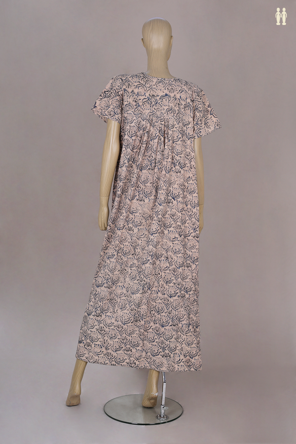 Sweet Heart Neck Printed Design With Zip Beige Cotton Nightie