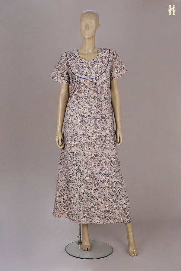 Sweet Heart Neck Printed Design With Zip Beige Cotton Nightie