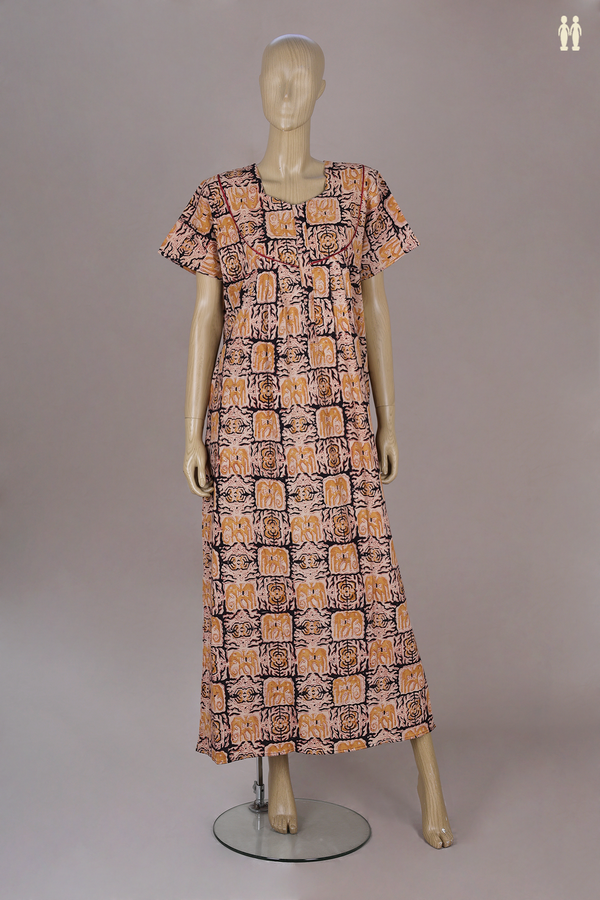 Sweet Heart Neck Printed Design With Zip Black Cotton Nightie