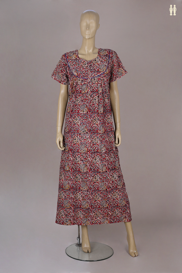 Sweet Heart Neck Printed Design With Zip Red Cotton Nightie