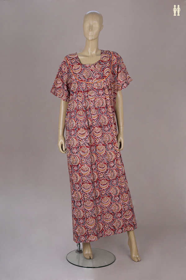 Sweet Heart Neck Printed Design With Zip Red Cotton Nightie