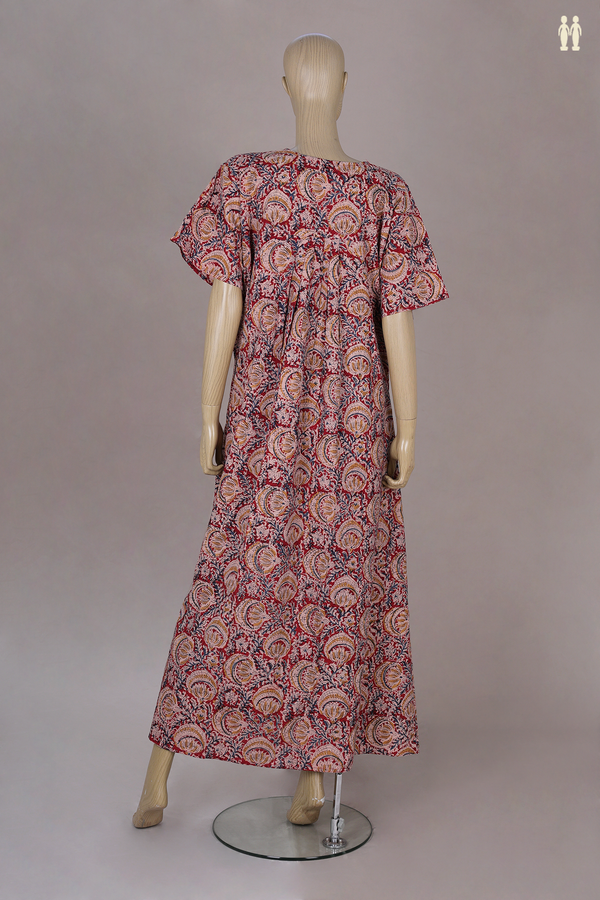 Sweet Heart Neck Printed Design With Zip Red Cotton Nightie