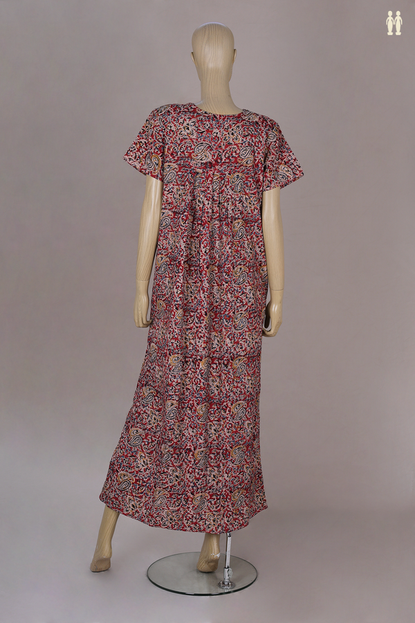 Sweet Heart Neck Printed Design With Zip Red Cotton Nightie