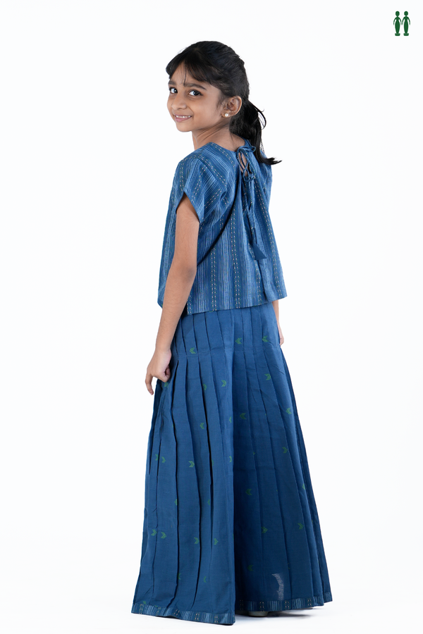Sweet Heart Neck Stripes Design Blue Cotton Pavadai Sattai