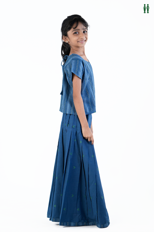 Sweet Heart Neck Stripes Design Blue Cotton Pavadai Sattai