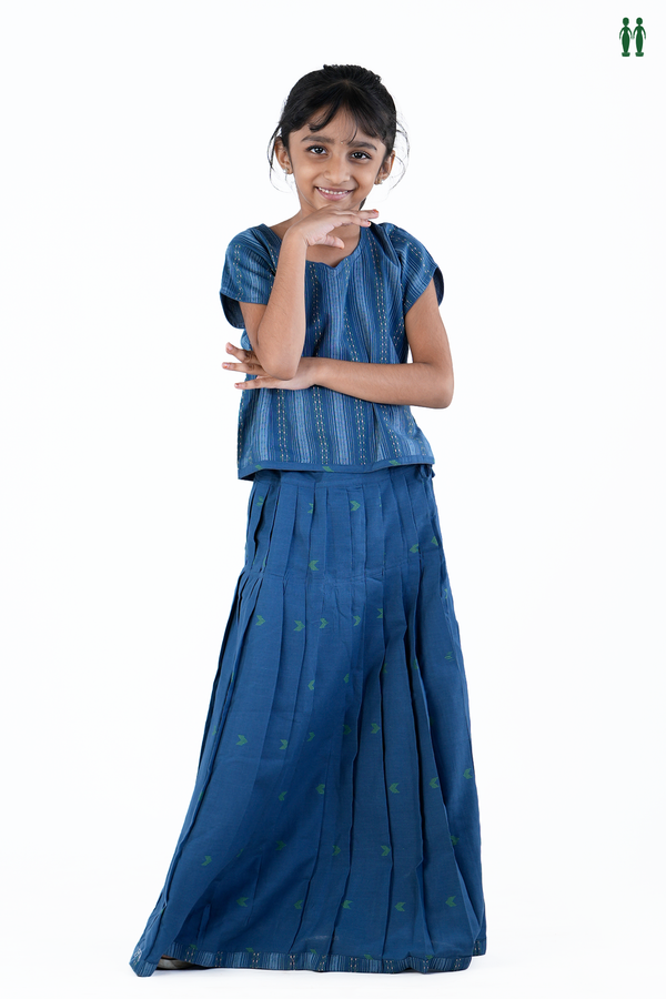 Sweet Heart Neck Stripes Design Blue Cotton Pavadai Sattai