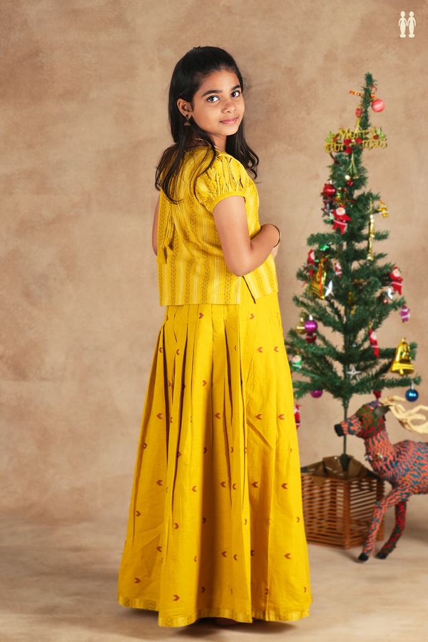 Sweet Heart Neck Yellow Stripes Design Cotton Pavadai Sattai