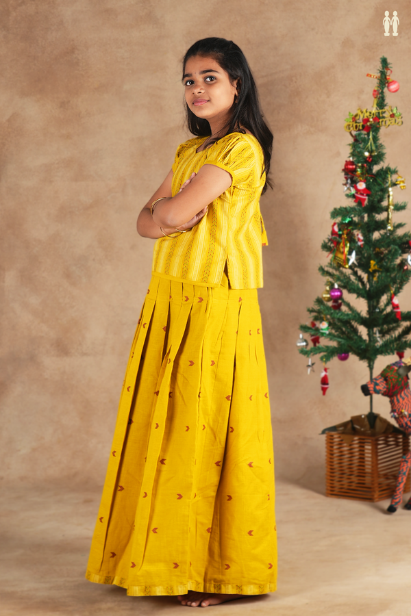Sweet Heart Neck Yellow Stripes Design Cotton Pavadai Sattai