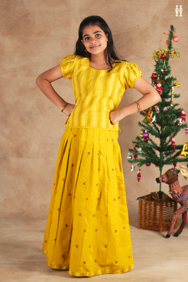 Sweet Heart Neck Yellow Stripes Design Cotton Pavadai Sattai
