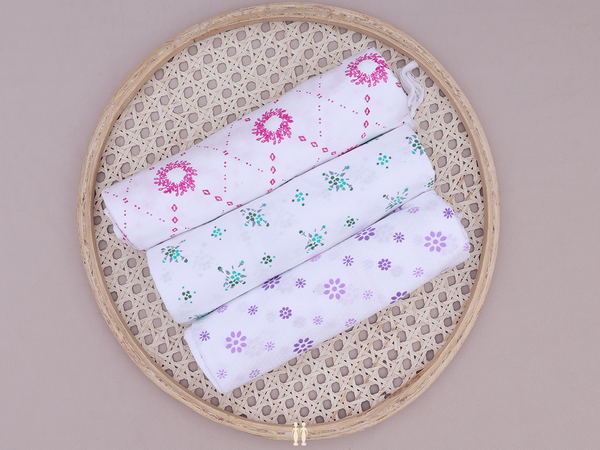 Set Of 3 Floral Design White Cotton Towel