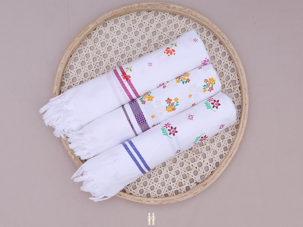 Set Of 3 Floral Design White Cotton Towel
