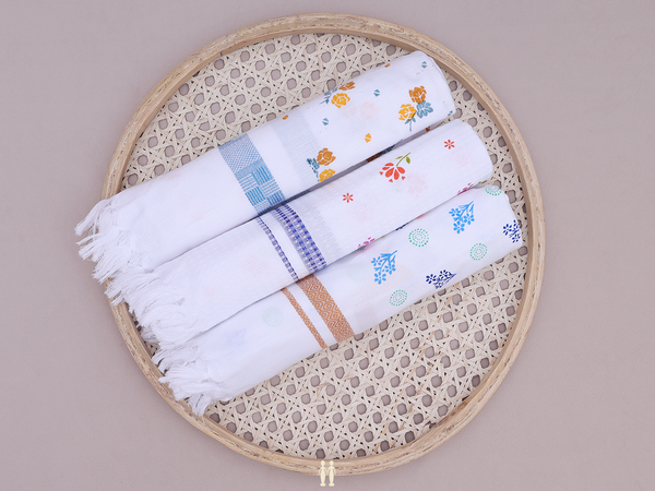 Set Of 3 Floral Design White Cotton Towel