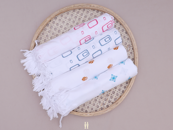 Set Of 4 Printed Design White Cotton Towel