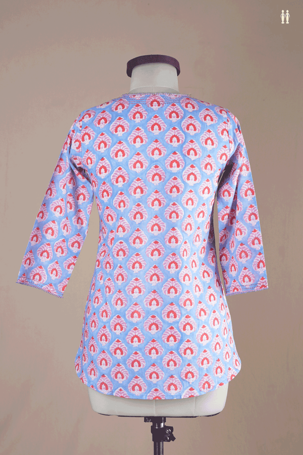 V-Neck Allover Design Cornflower Blue Cotton Short Top