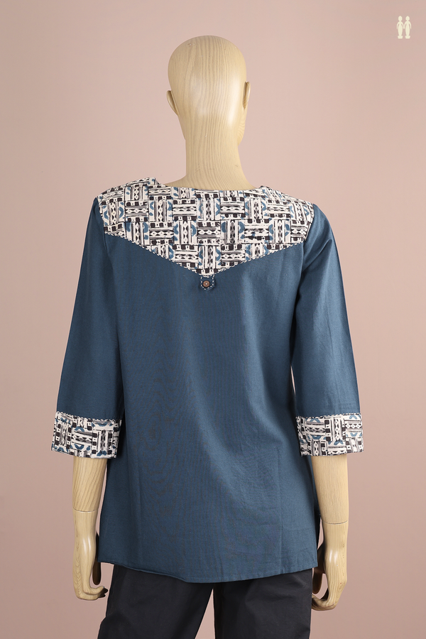 Round Neck Plain Prussian Blue Cotton Short Top