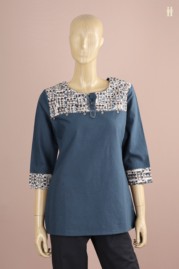 Round Neck Plain Prussian Blue Cotton Short Top