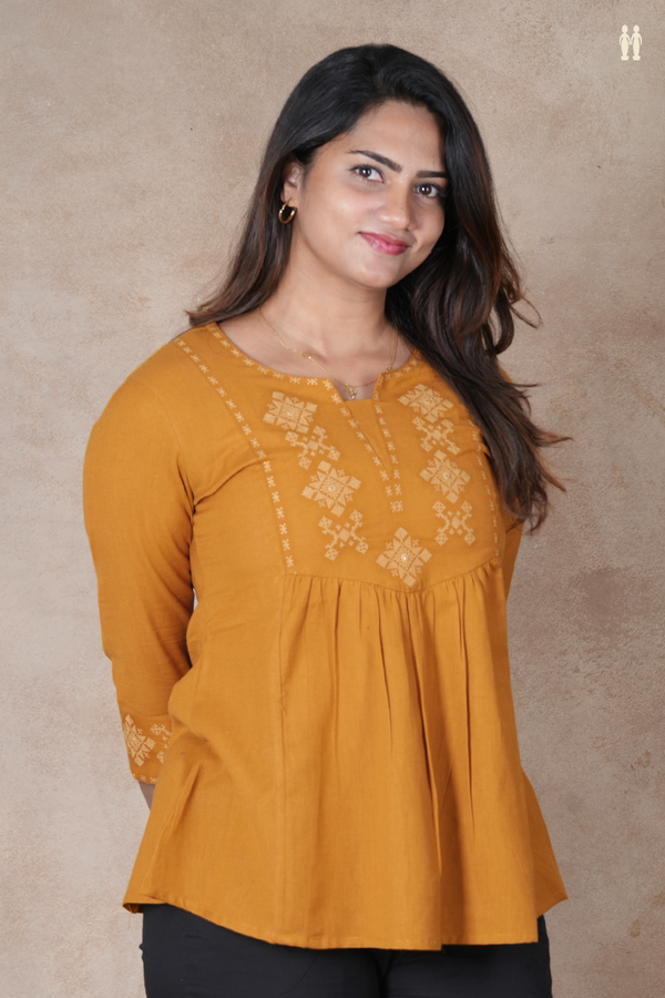 Split Neck Threadwork Design Golden Yellow Cotton Short Top