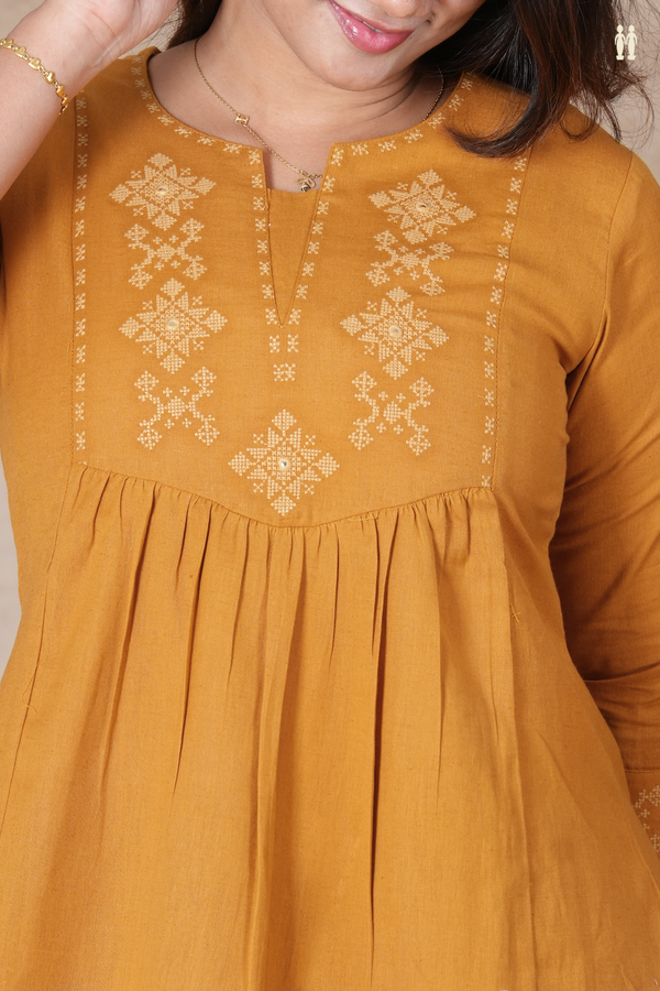 Split Neck Threadwork Design Golden Yellow Cotton Short Top