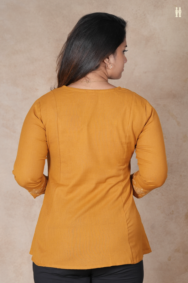 Split Neck Threadwork Design Golden Yellow Cotton Short Top