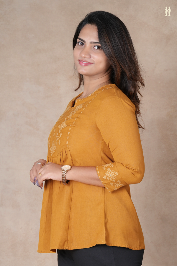Split Neck Threadwork Design Golden Yellow Cotton Short Top